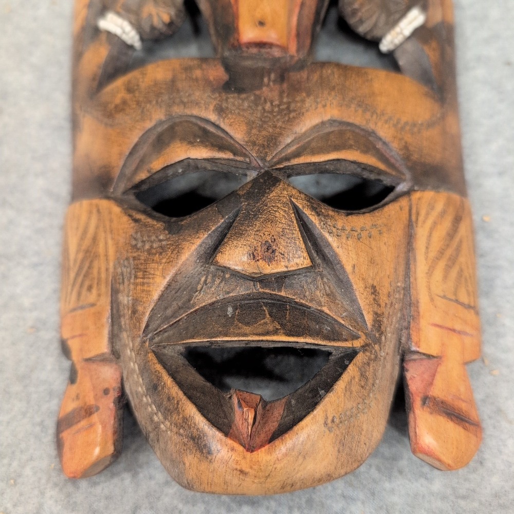Hand Carved Wooden Tribal Wall Mask with White Bead Accents Brown Decor - Picture 2 of 7